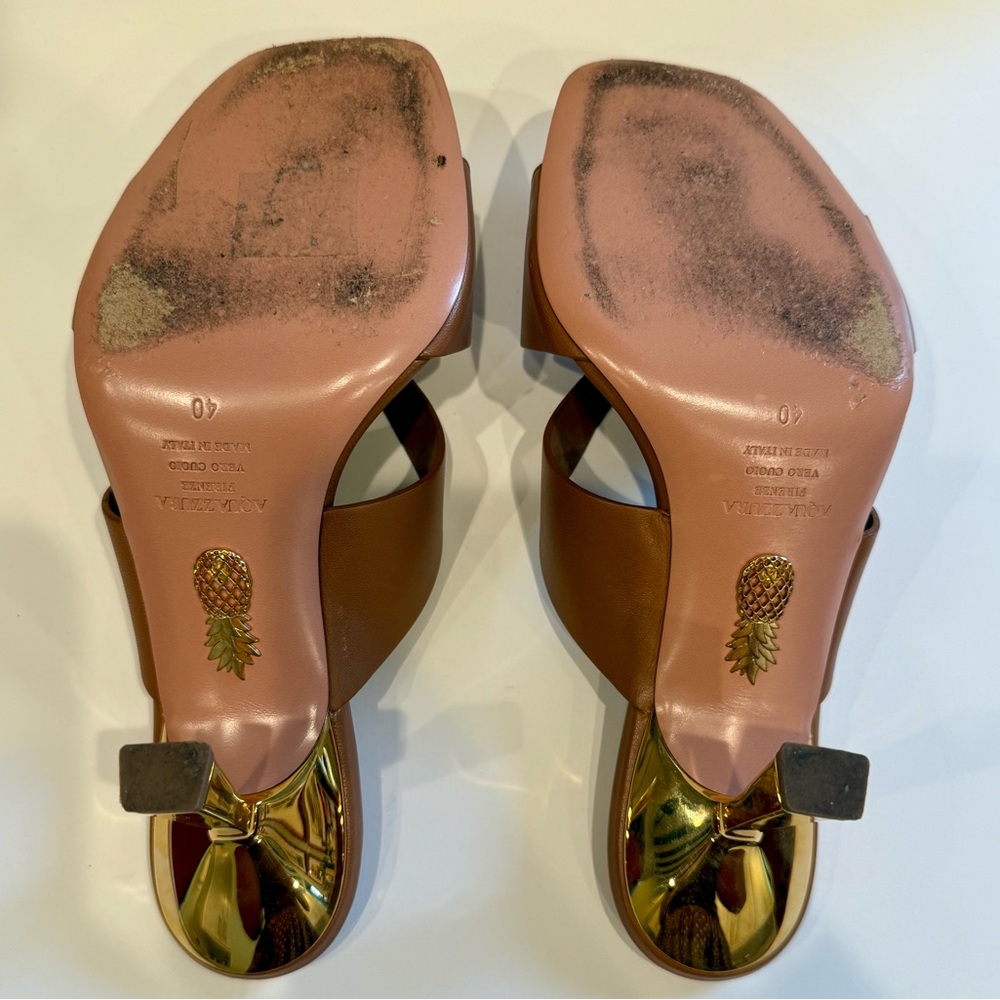 Aquazzura 85mm Brown Leather Sandals with Gold Heel - Picture 3 of 3